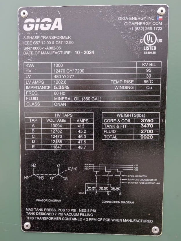 1000 KVA 12470GY/7200 Primary, 480Y/277 Secondary, Giga Energy, Pad Mount Transformer, 3PH, 2024 - Image 2