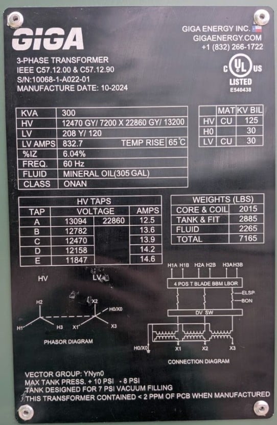 300 KVA 12470GY/7200 x 22860GY/13200 Primary, 208Y/120 Secondary, Giga Energy, Dual Voltage Padmount - Image 2
