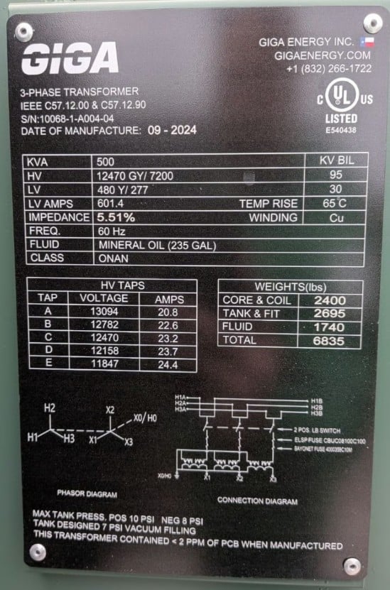 500 KVA 12470GY/7200 Primary, 480/277 Secondary, Giga Energy, Padmount Transformer, 3PH, 2024 - Image 2