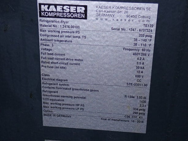 Kaeser #TE122, Refrigerated Air Dryer, 460 V., 2018 - Image 7