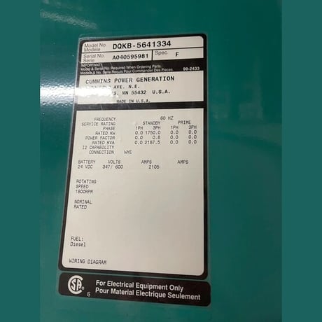 1750 KW Cummins #DQKB-5641334, Diesel Generator, Standby Duty, 600 Volts, 250 Hours, 2004 - Image 2