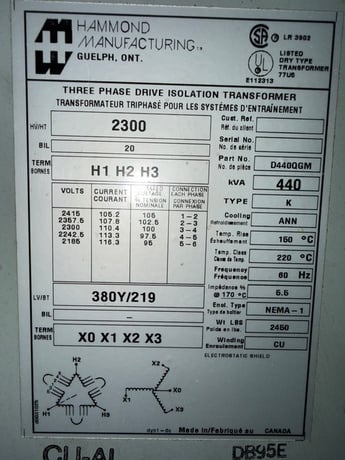 440 KVA 2300 Primary, 380Y/219 Secondary Hammond #D440QGM, dry type, 3-phase, 60 Hz, K-type, NEMA 1 - Image 6