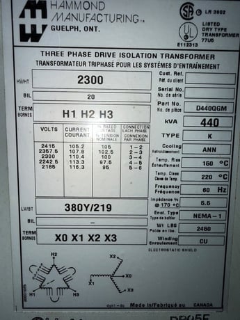 440 KVA 2300 Primary, 380Y/219 Secondary Hammond #D440QGM, dry type, 3-phase, 60 Hz, K-type, NEMA 1 - Image 7