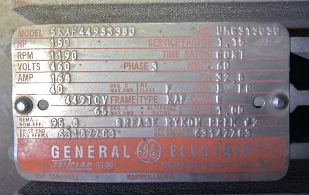 150 HP 1200 RPM General Electric, Frame 449TCV, TEFC, BB, 1.15 SGF, 460 Volts, Rebuilt - Image 3