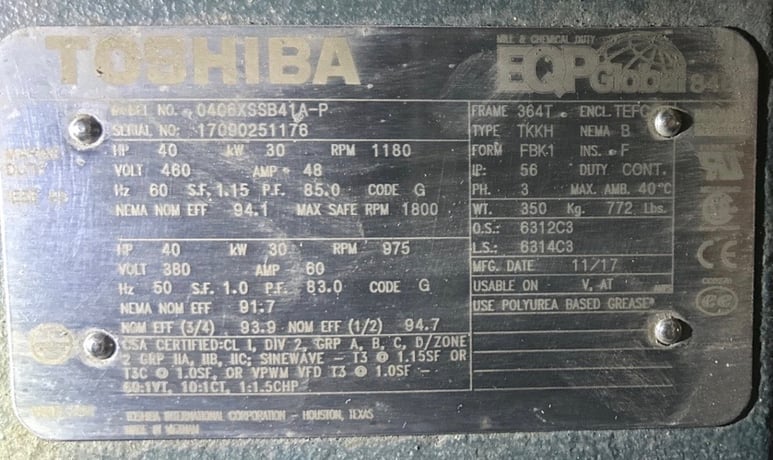 40 HP 1200 RPM Toshiba, Frame 365T, TEFC, BB, 1.15 service factor, 460 Volts, New Surplus - Image 3