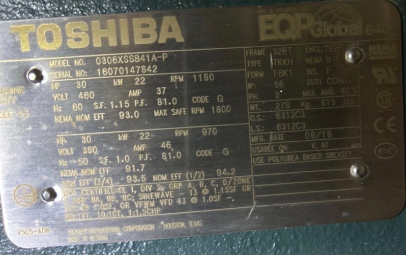30 HP 1200 RPM Toshiba, Frame 326T, TEFC, BB, 1.15 service factor, 480 Volts, New Surplus - Image 1