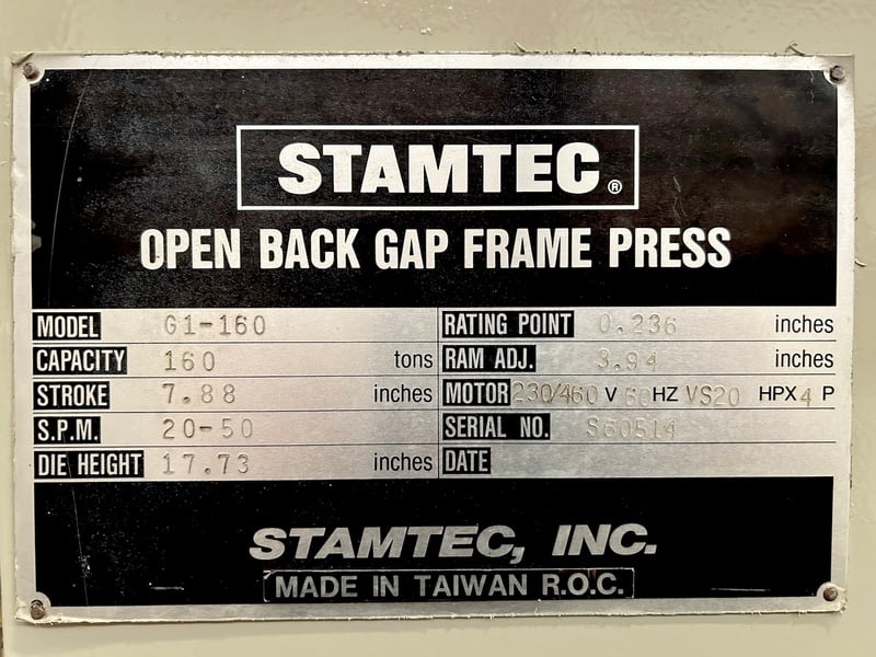176 Ton, Stamtec #G1-160, obi back gear press, 49x30" bed, 7.9" stroke, 3.9" adj., 25.8" between housing - Image 10