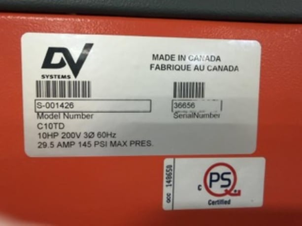 39 cfm, 145 psig, DV Systems #C10TD, rotary screw air compressor, 10 HP, 120 gallon tank & refrigerated air - Image 3