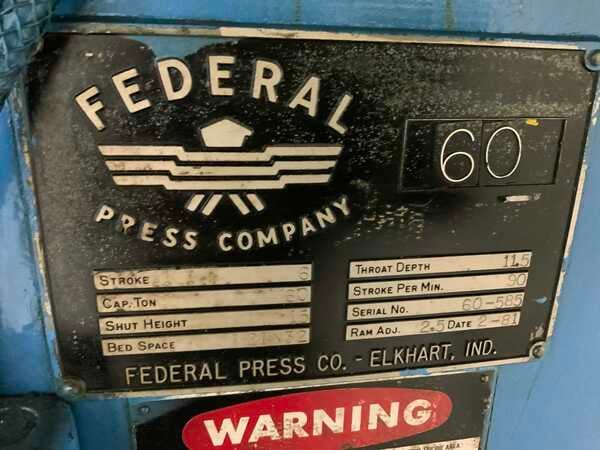 60 Ton, Federal #60, OBI flywheel press, 6" stroke, 15" Shut Height, 90 SPM, 7.5 HP, air clutch & brake, 1981 - Image 8