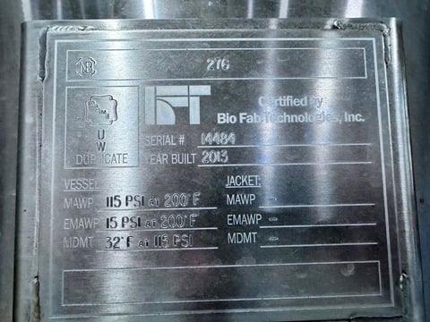 100 gallon Bio Fab Technologies, Stainless Steel Pressure Tank, 115 psi @ 200&deg;F vessel, 2013 - Image 3