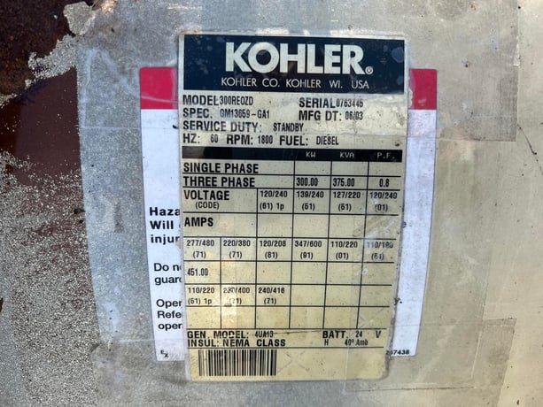 300 KW, 1800 RPM, Kohler #300REOZD, Generator End, 277/480 Volts, 12 poles, 750 hours, 2003 - Image 10