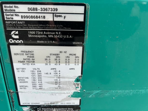 35 KW, 1800 RPM, Cummins/Onan #DGBB-3367339, Generator End, 120/240 Volts, 12 poles, 1833 hours, 1999 - Image 4