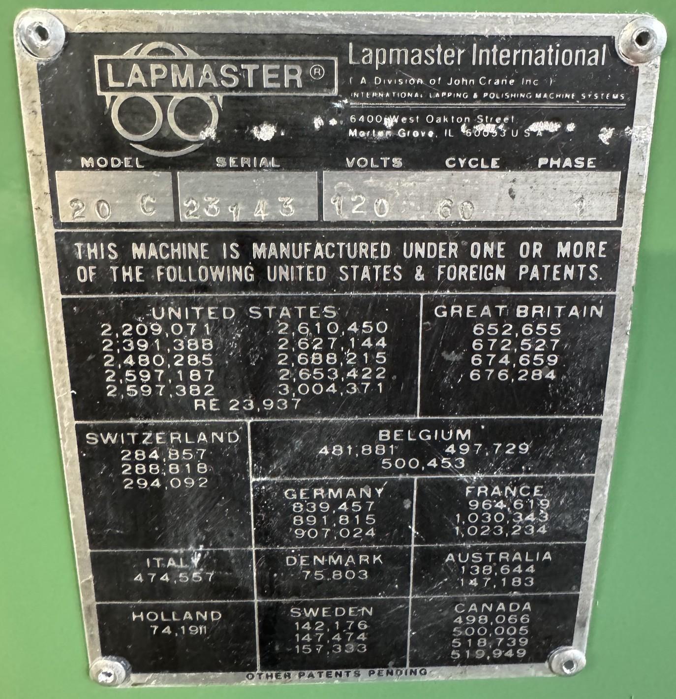 20" Lapmaster #20G, lapping machine, (3) rings, open face, bench model - Image 10