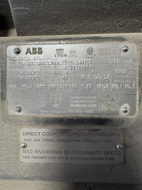 400 HP 3600 RPM ABB, Frame L449TS, TEFC, 460 Volts, SD200 841 - Image 2
