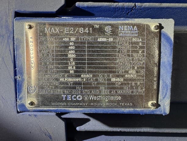450 HP 3600 RPM Teco Westinghouse, Frame 5011A, TEFC, 460 Volts, cw ode - Image 2