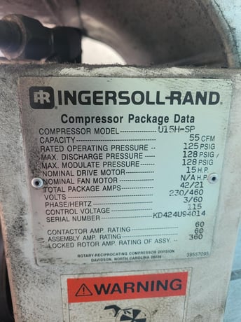 55 cfm, 125 psig, Ingersoll-Rand #U15H-SP, rotary screw air compressor, 15 HP, 230/460 V., 1994 - Image 9