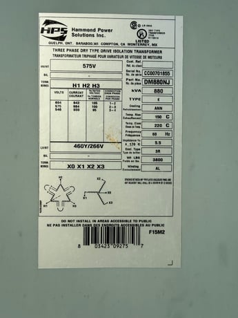 880 KVA 575 Primary, 460Y/266 Secondary, Hammond Powwer Solutions, dry type isolation transformer - Image 2