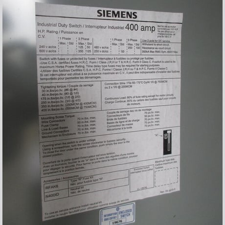400 Amp. Siemens, Fusible Disconnect Switch, 600 Volts (2 available) - Image 4
