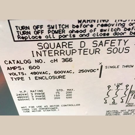 600 Amp. Square D #CH366, Fusible Disconnect Switch, 600 VAC - Image 3