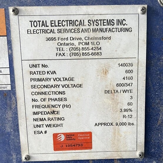 600 KVA 4160 Primary, 600/347 Secondary, Total Electrical Systems, Portable Substation Transformer, 3 phase - Image 4