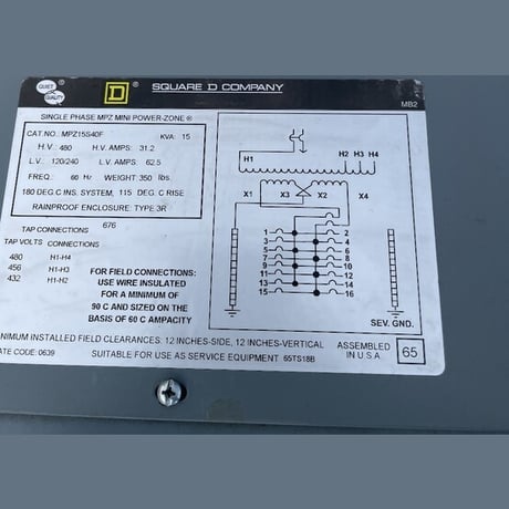 15 KVA 480 Primary, 120/240 Secondary, Square D #MPU15S40F, Substation Transformer, single phase, unused - Image 2