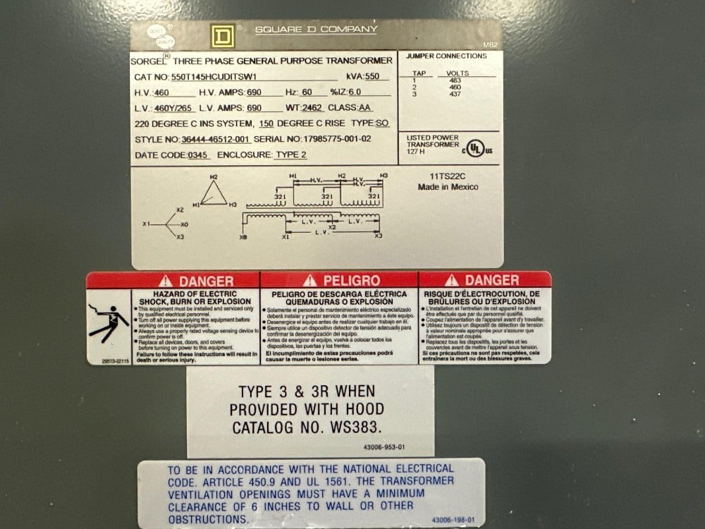 550 kVA 460 Delta Primary, 460Y/265 Secondary, 3 phase, Dry Type Iso Transformer, Ready To Ship - Image 4