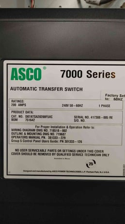 200 Amp. ASCO 7000 Series #D07ATSA20200F5XC, automatic transfer switch, 240 Volts, 1 phase, new surplus - Image 6