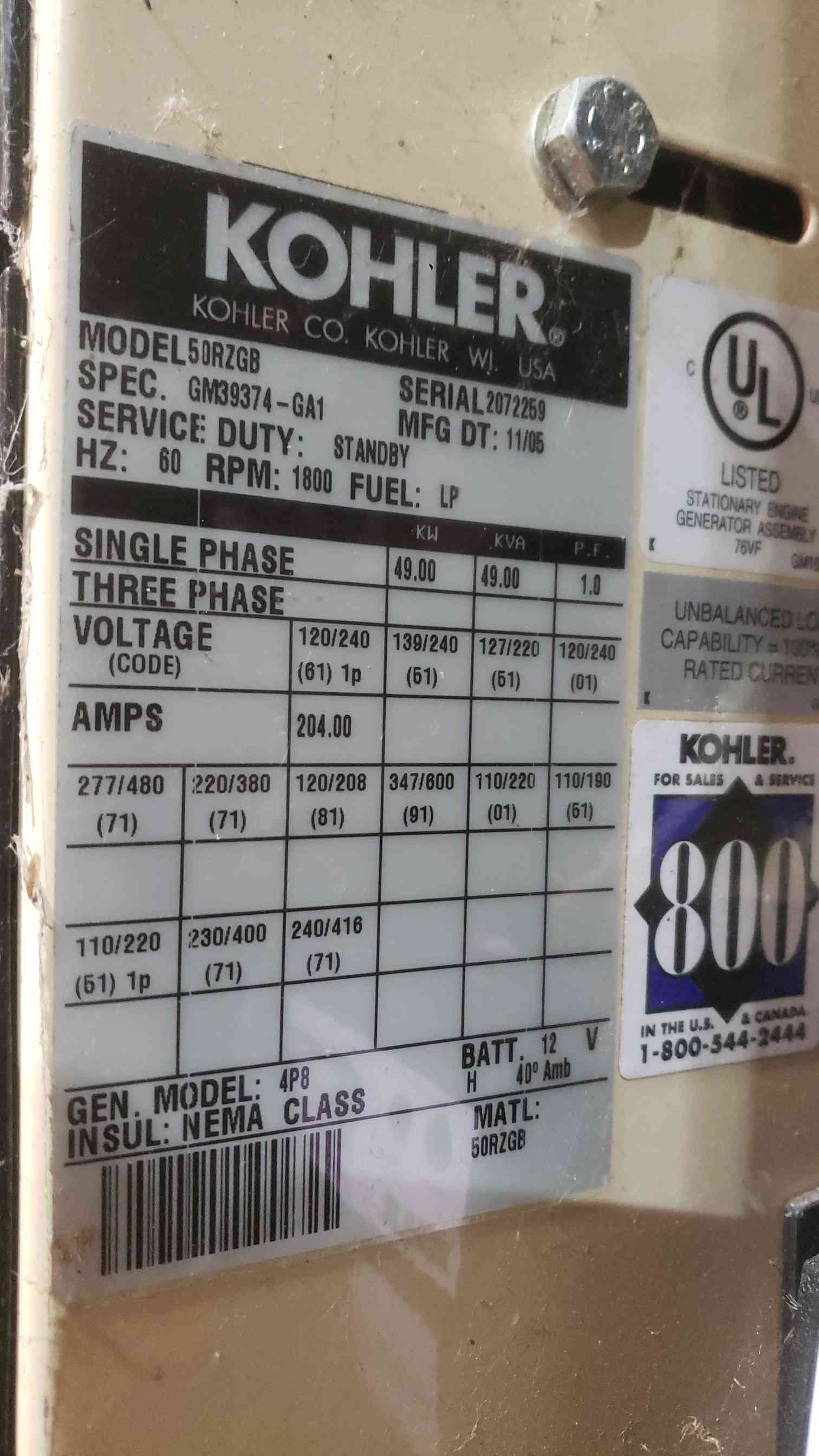 50 KW Kohler #50RZGB, natural gas/LP standby generator, 1229 hours - Image 5