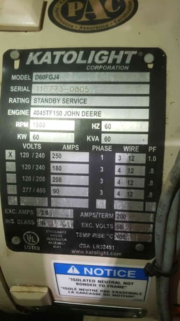 60 KW Kato light #D60FGJ4, diesel generator, John Deere 4045TF150 engine, 849 hours - Image 3