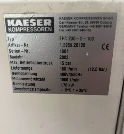 Kaeser #EPC-230-2-100 Silent air compressor, 1.7 KW 15 bar industrial compressor, 2003 - Image 5