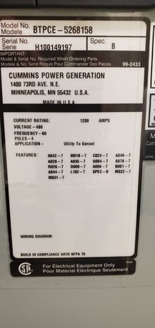 1200 Amp. Cummins Power Generation, BTPCE-5268158, automatic transfer switch, 480 Volts, 3-Phase - Image 1