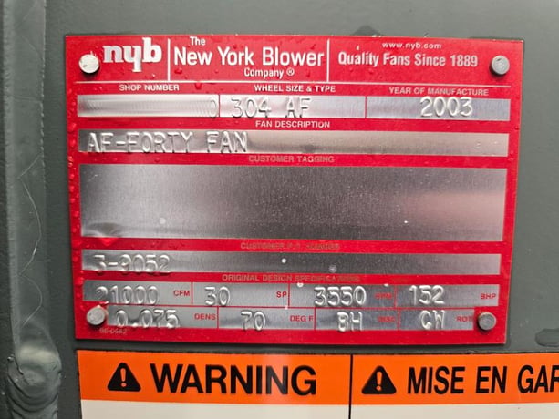 21000 cfm @ 30 SP, New York Blower #304-AF-40, centrifugal blower, 200 HP, 3565 RPM, 460 V., 444TS frame, 2003 - Image 7