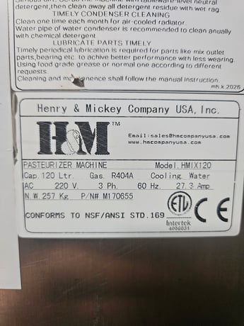 H & M #HMIX120, 120-Liter Pasteurizer, 220 V., 3PH, R404A - Image 3