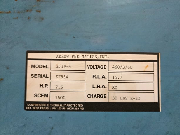 1600 scfm, Arrow Pneumatics #3519-4, refrigerated air dryer, 7.5 HP - Image 4