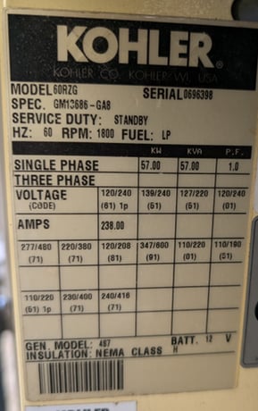 60 KW Kohler #60RZG, LP Nat Gas Generator, 1 & 3PH, NEMA H, 5.7L (3 available) - Image 4