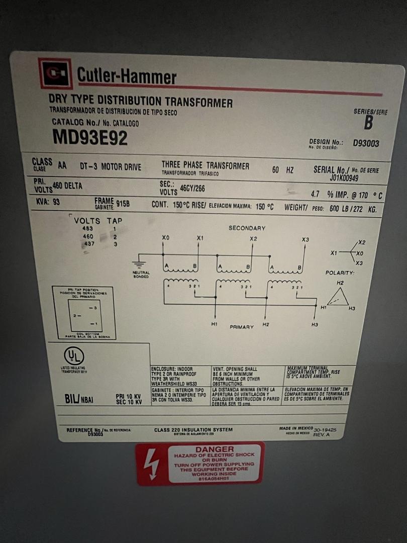 93 KVA 460 Delta Primary, 460Y/266 Secondary, Cutler-Hammer MD93E92, Dry Type Transformer, 3PH - Image 2