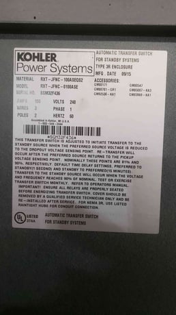 100 Amp. Kohler #RXT-JFNC-0100ASE, Automatic Transfer Switch, 1PH, 2-Pole, 240 Volts - Image 3