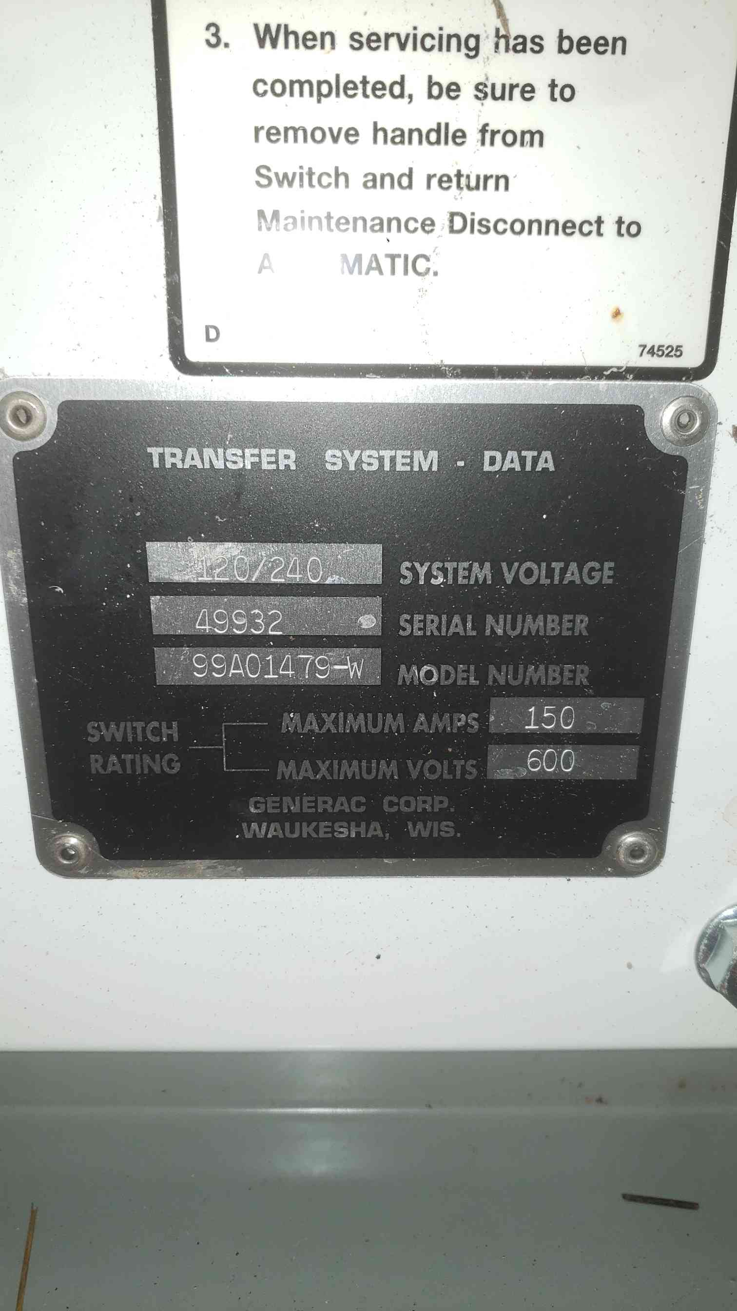 150 Amp. Generac #0C88820SRV, GTS Automatic Transfer Switch, 120/240 Volts, Enclosed - Image 8
