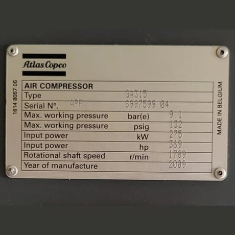 2013 cfm, 132 psig, Atlas Copco #GA315, Rotary Screw Air Compressor, 350 HP Siemens motor, 4160 Volt, 3PH, (2 - Image 9