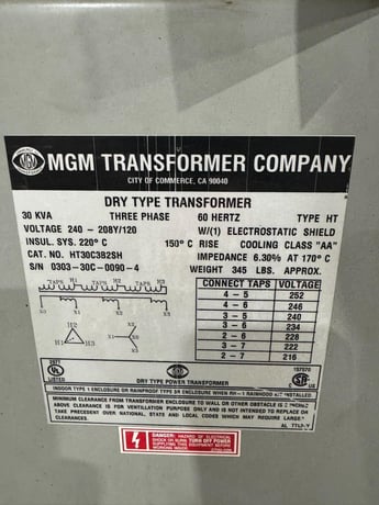 30 KVA 240 Primary, 208Y/120 Secondary MGM, dry type transformer - Image 4