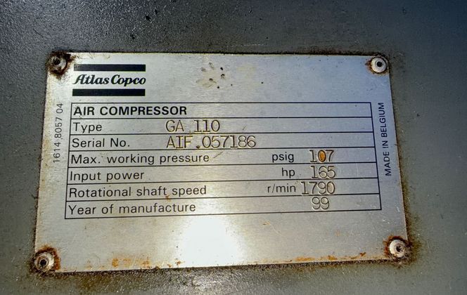Atlas Copco #GA-110, Rotary Screw Air Compressor, 165 HP, 460 V., 1999 - Image 4