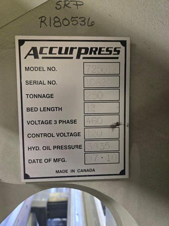 250 Ton, Accurpress #725012, Hydraulic Press Brake, 12' overall, excellent, 2010 - Image 8