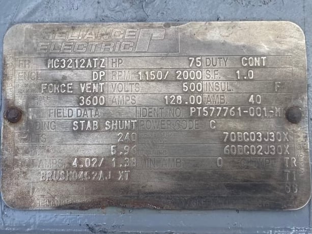 75 HP 1200 RPM Reliance, Frame MC3212ATZ, DPFVBB, 500 VA - Image 3