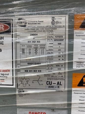 500 KVA 2400 Delta Primary, 600Y/346 Wye Secondary, Hammond, Isolation Type - Image 3