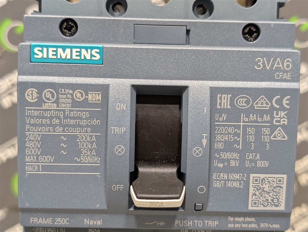 250 Amps, Siemens, SENTRON 3VA6225, 3VA6225-7HN31-0AA0, 600V., 3 Pole, ETU350 LSI, New in Box - Image 6