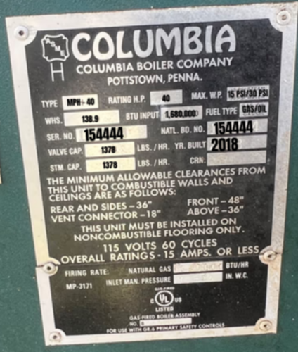 40 HP Columbia #MPH-40, Horizontal Firebox Steam Boiler, Low Pressure, Natural Gas, 15 psi steam, 30 psi - Image 3