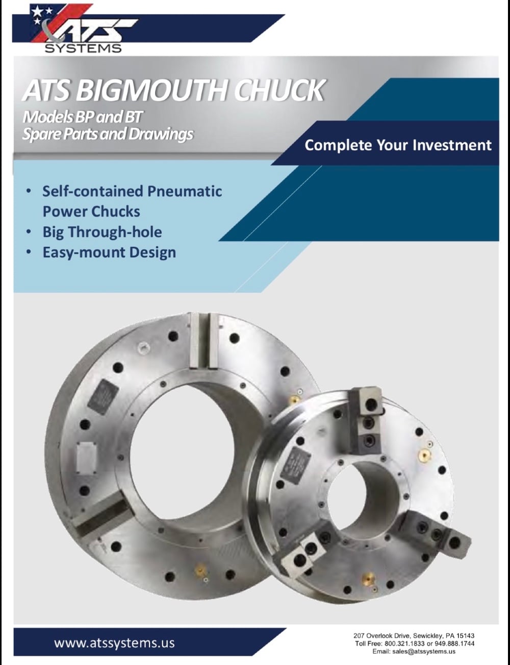 19" ATS #BT-7.3-ES, (19" outside dimension 7.3 ID) 3-jaw air chuck - Image 4