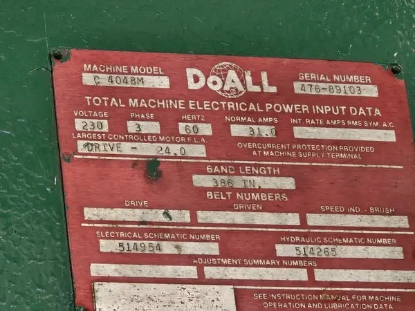 40" x 40" DoAll #C4048M, dual post automatic horizontal band saw, 33'  2.625"  .063" blade, 30 HP, 1990 - Image 3