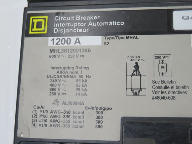 1200 Amps, Square D MHL3612001386, MCCB, 3-Pole, 600 Volts AC, 65 KA IC - Image 3