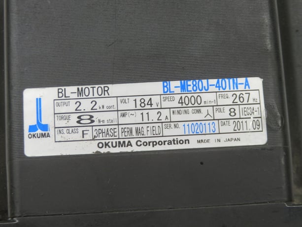 3 HP 4000 RPM Okuma, BL-ME80J-40TN-A, 184 Volts - Image 4